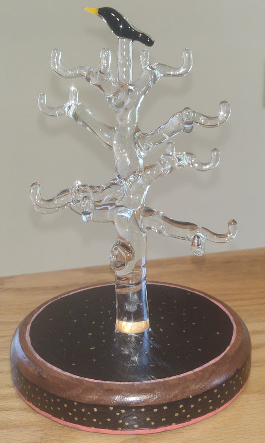 Handmade Clear Glass Earring Tree with Blackbird - by Christian Meehan.